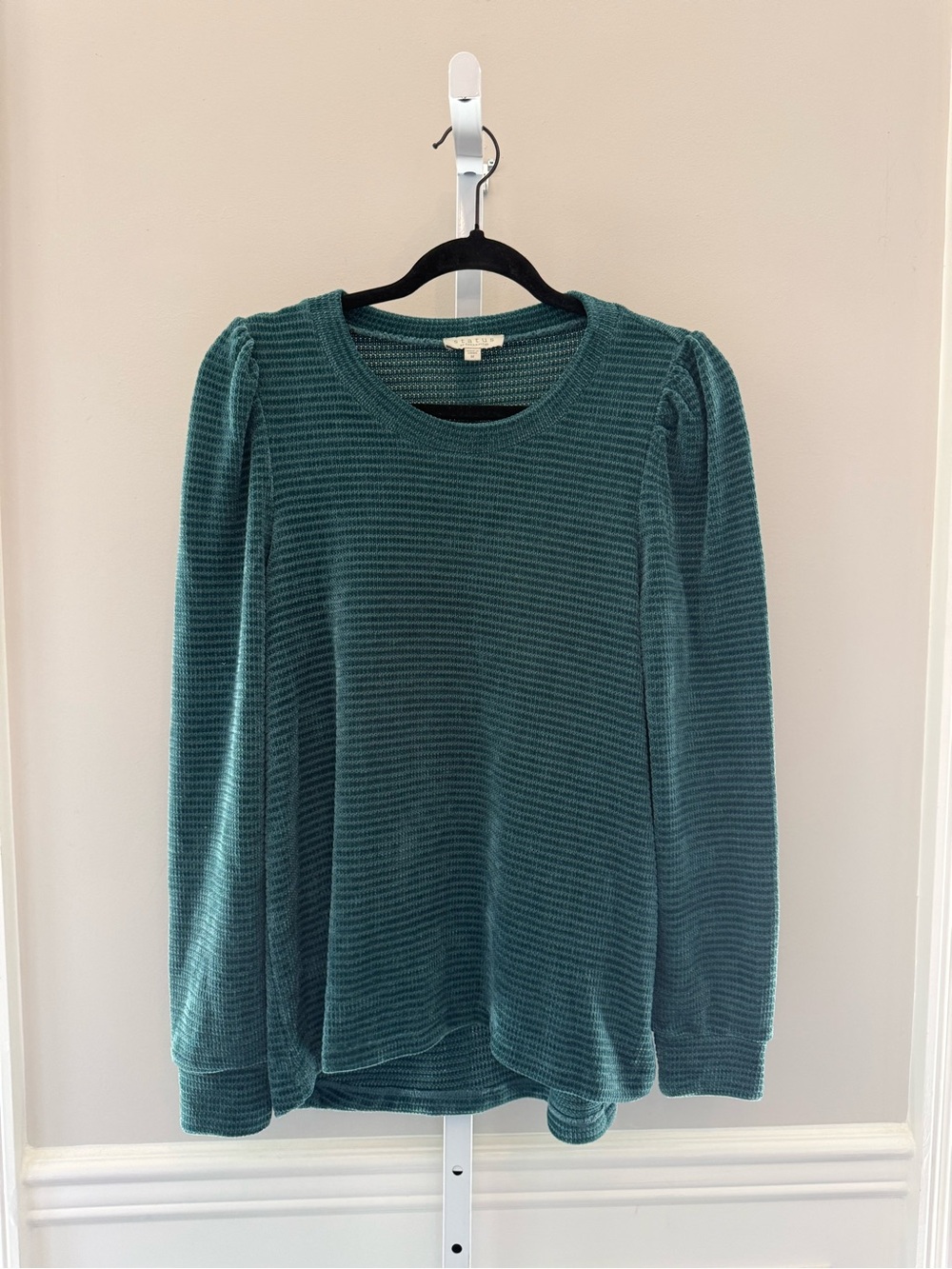 Teal Ribbed Textured Long Sleeve Puff Shoulder Top
